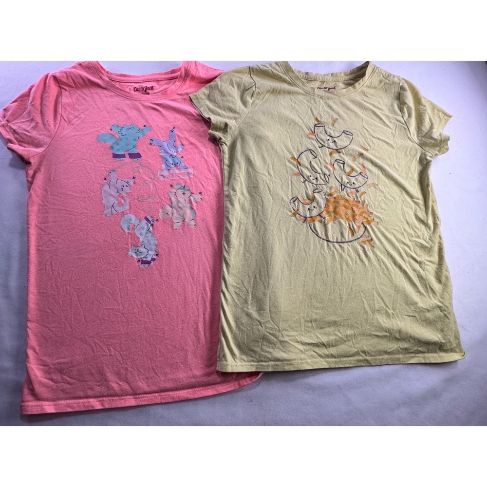 Cat & Jack Girls Graphic T-Shirt Bundle Pink Cats Yellow Macaroni Size L 10/12